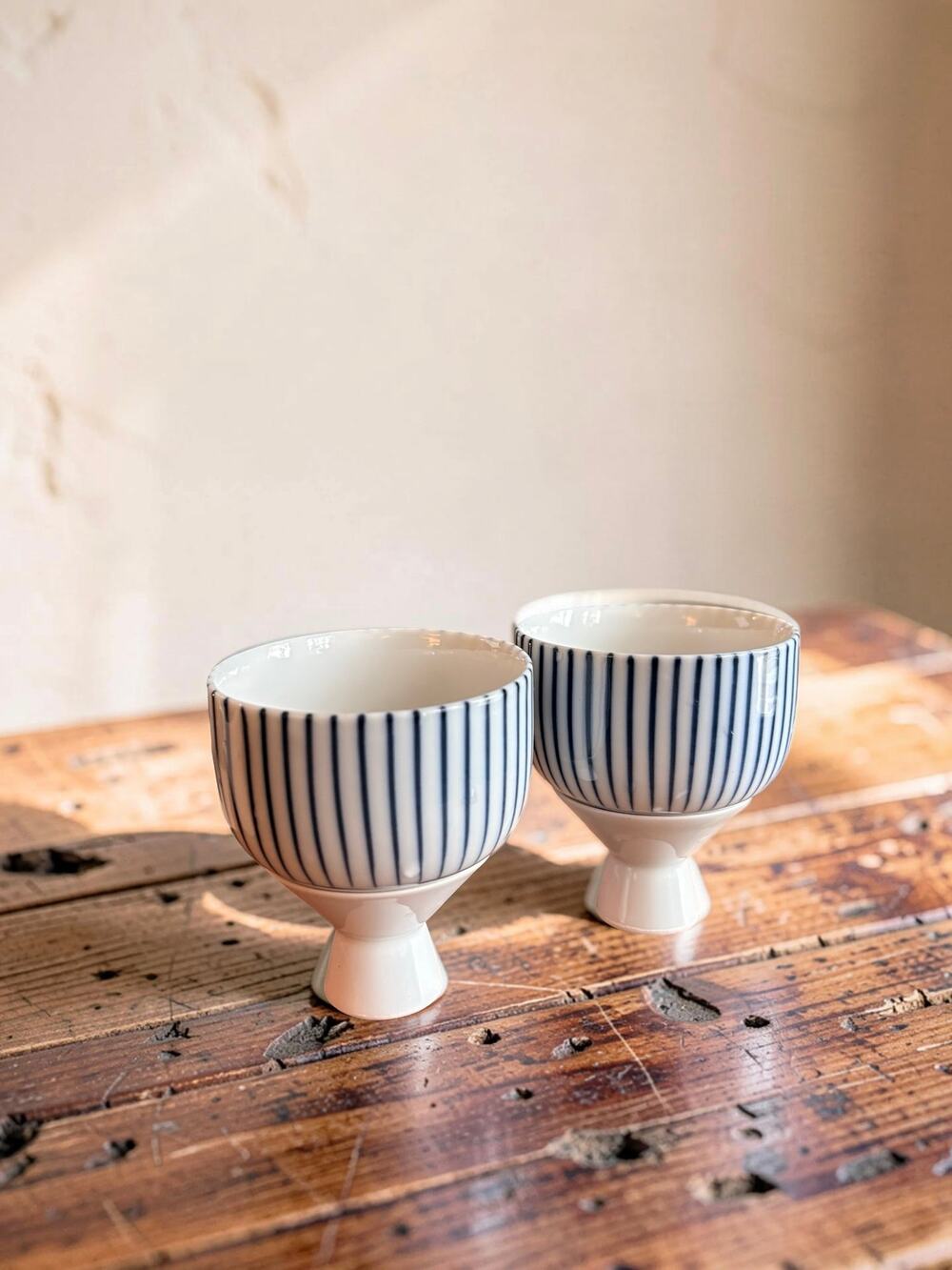 Vintage Blue & White Striped Porcelain Rice Bowls, Set of 2 Bowls, Japanese